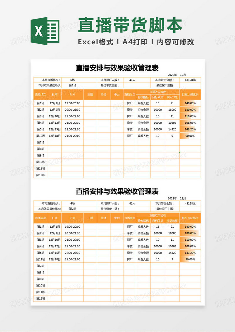 简约直播安排与效果验收管理表excel模版