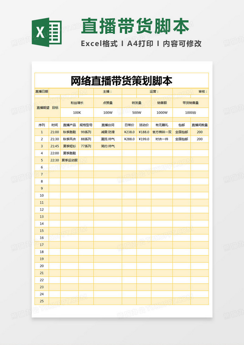 简约视频网络直播带货策划脚本excel模版