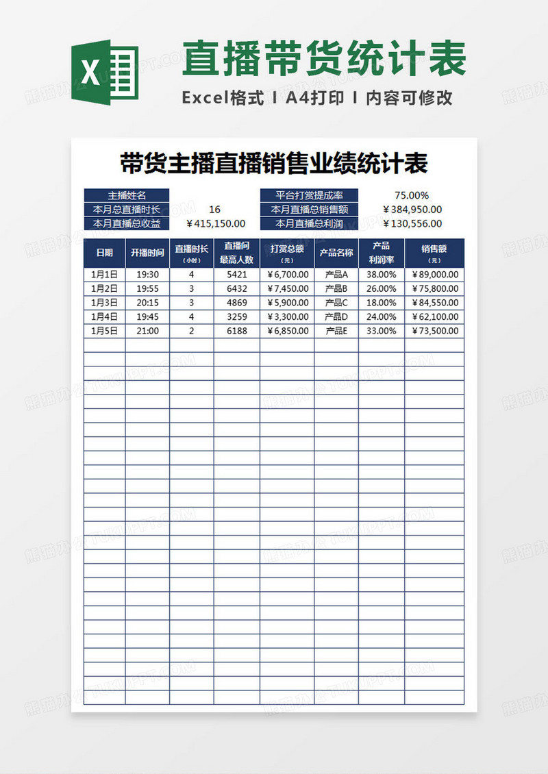 简约带货主播直播销售业绩统计表excel模版