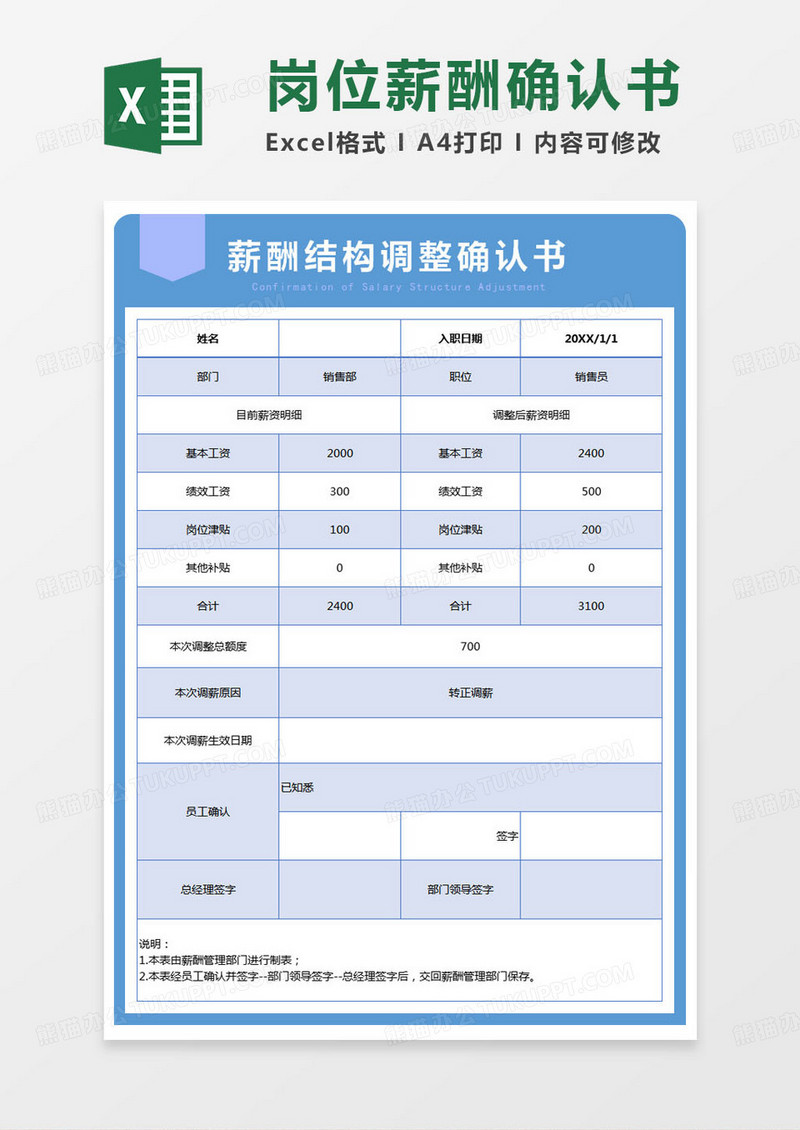 简单薪酬结构调整确认书excel模版