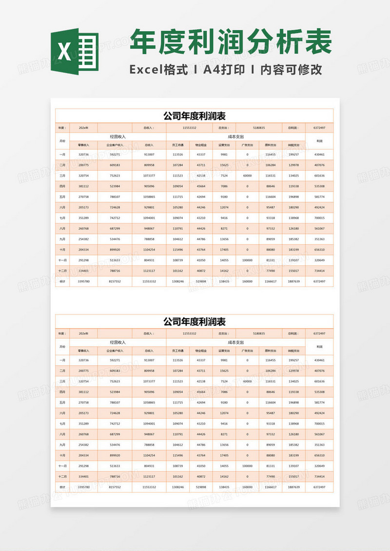 简约公司年度利润分析表excel模版