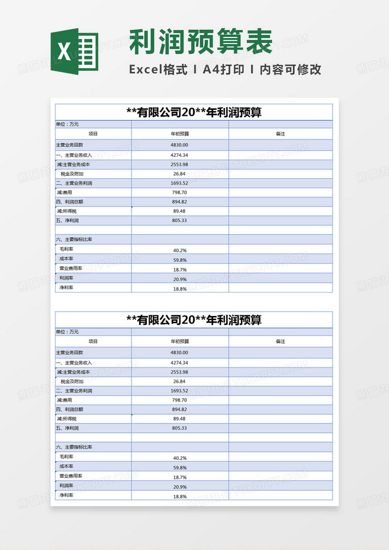 简约公司年利润预算excel模版