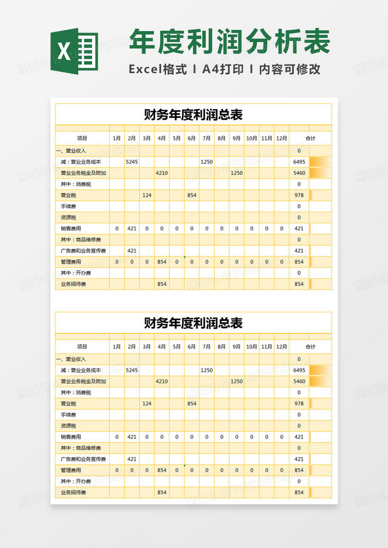 简约财务年度利润总表excel模版