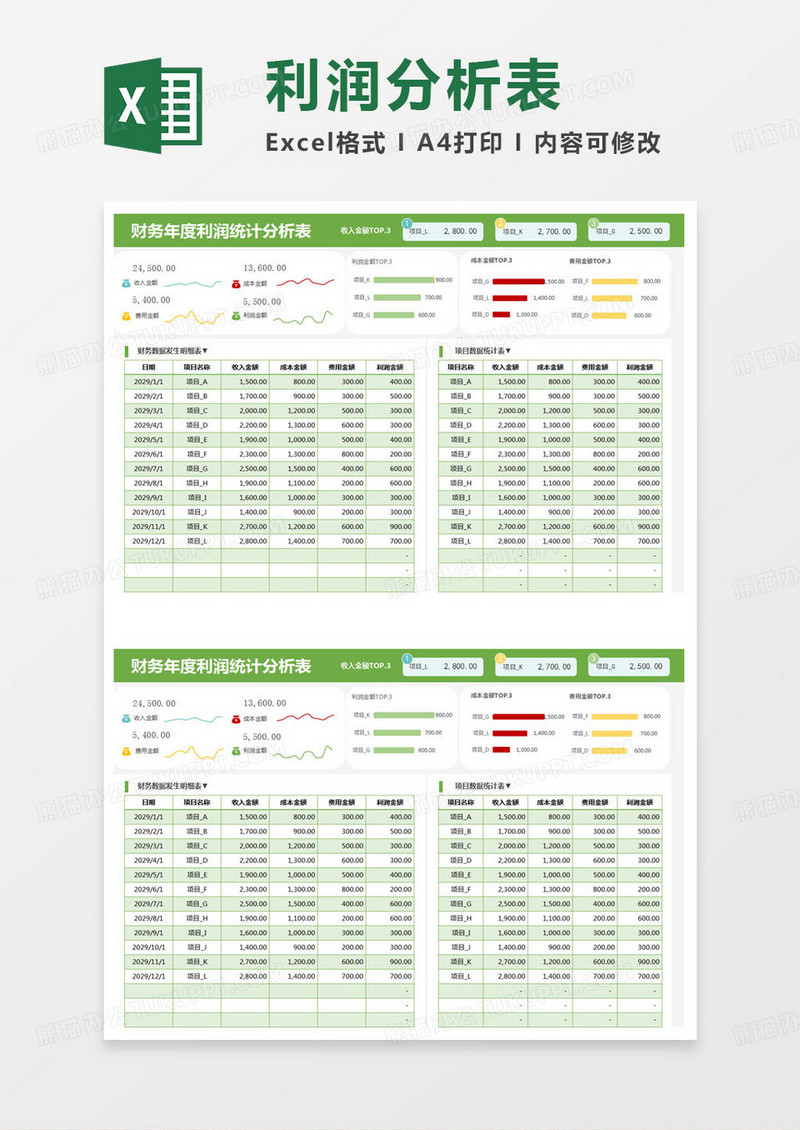 简约财务年度利润统计分析表额excel模版