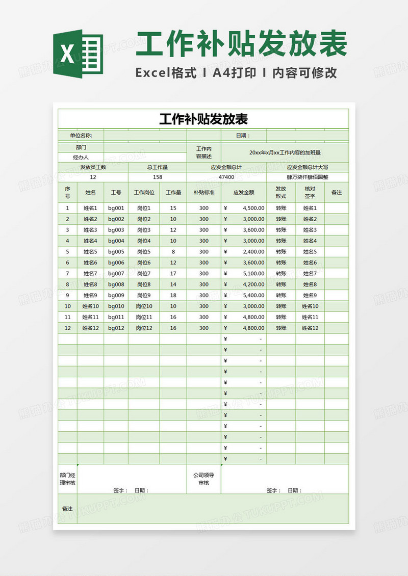 简约工作补贴发放表excel模版