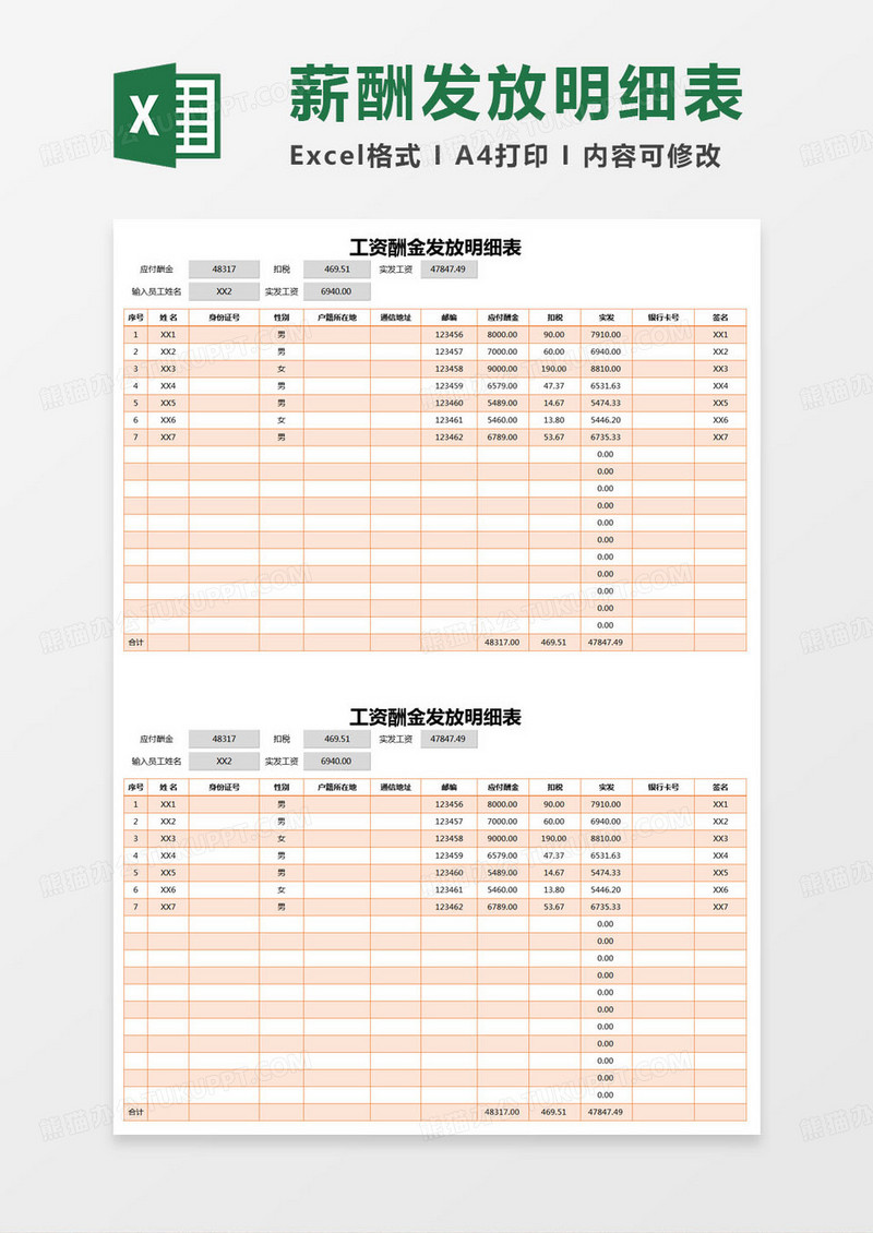 简约工资酬金发放明细表excel模版