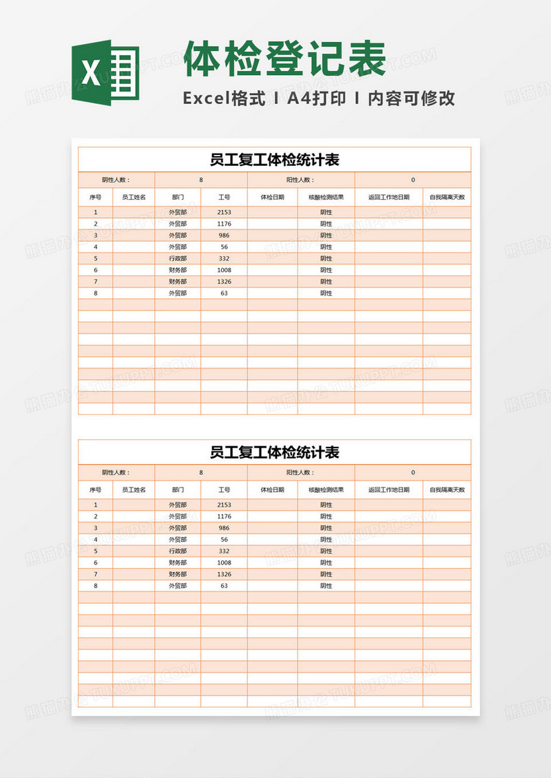 简约员工复工体检统计表excel模版