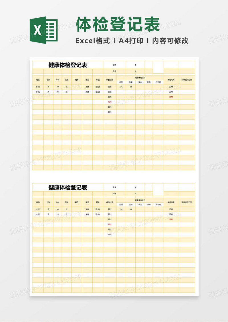 简约健康体检登记表excel模版