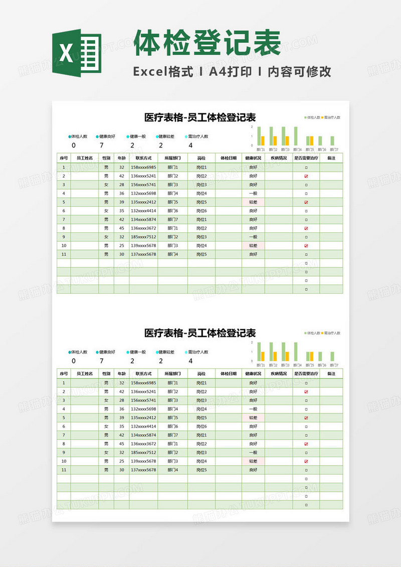 简约医疗表格-员工体检登记表excel模版