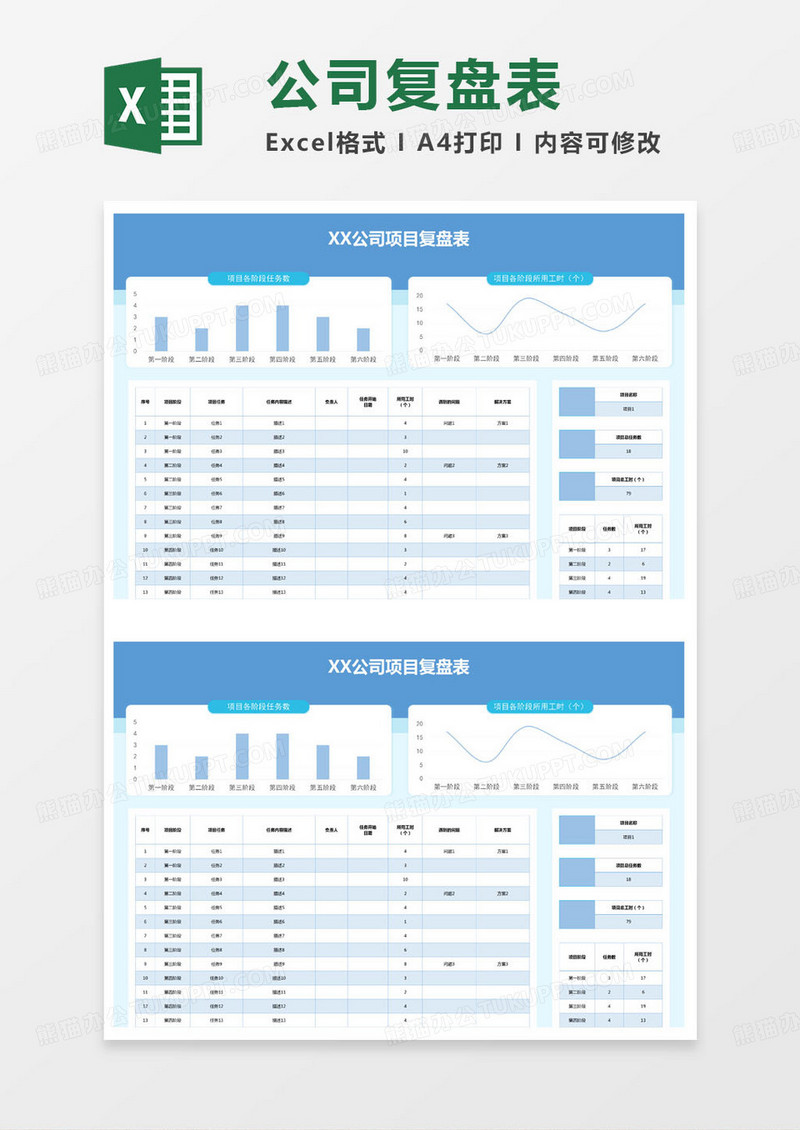 简约公司项目复盘表excel模版