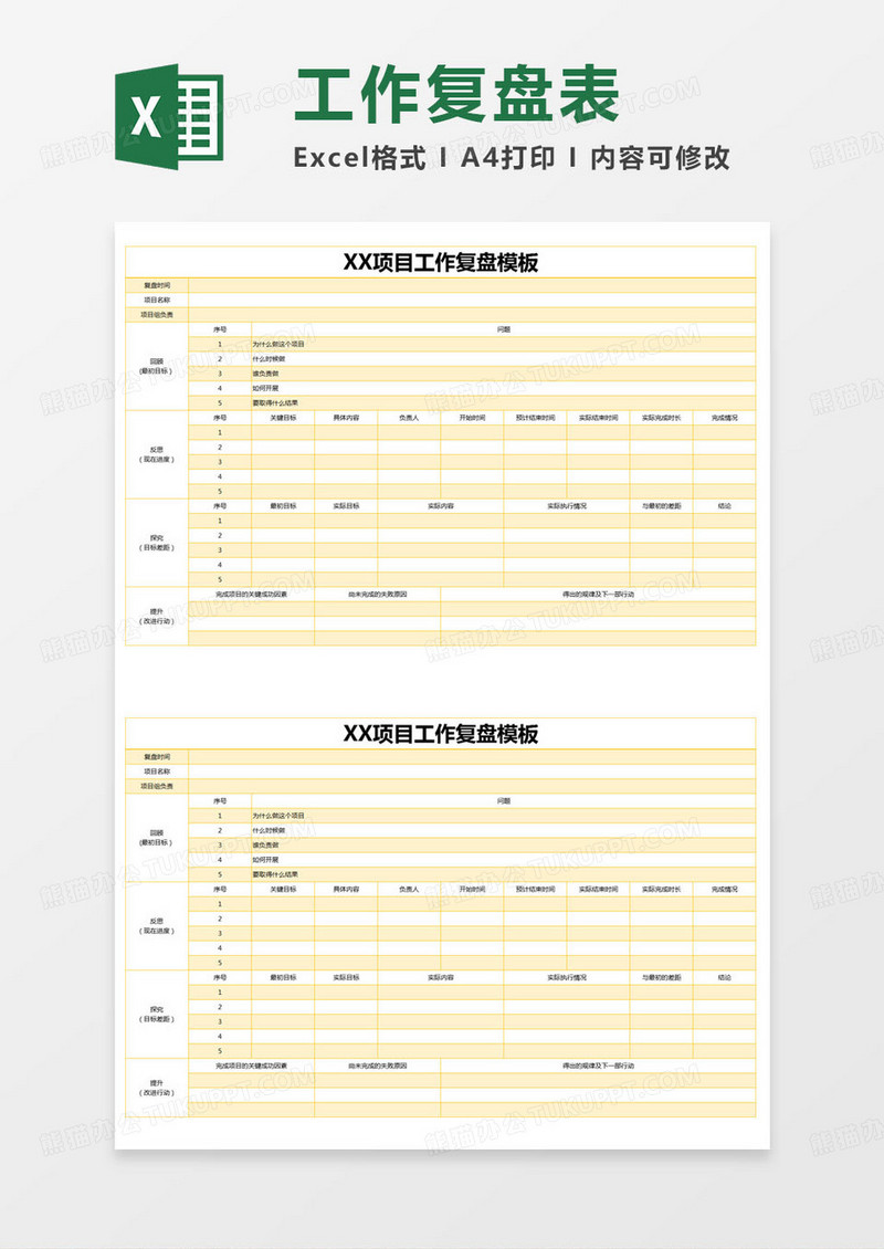 简约项目工作复盘模板excel模版