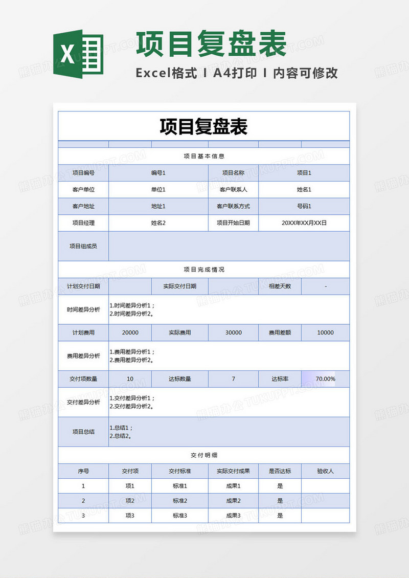 简约项目工程复盘表excel模版