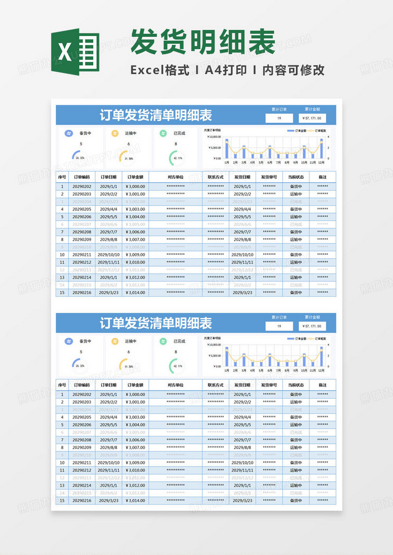 简约订单发货清单明细表excel模版