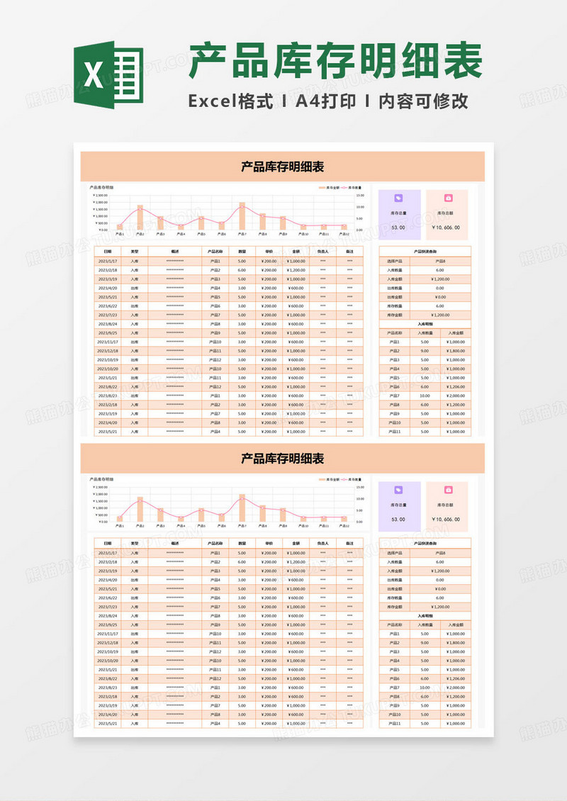 简约产品库存明细表Excel模版