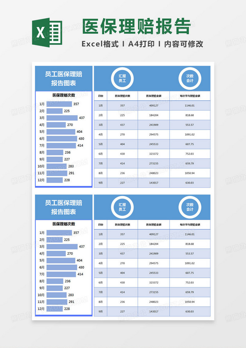 简约员工医保理赔 报告图表Excel模版