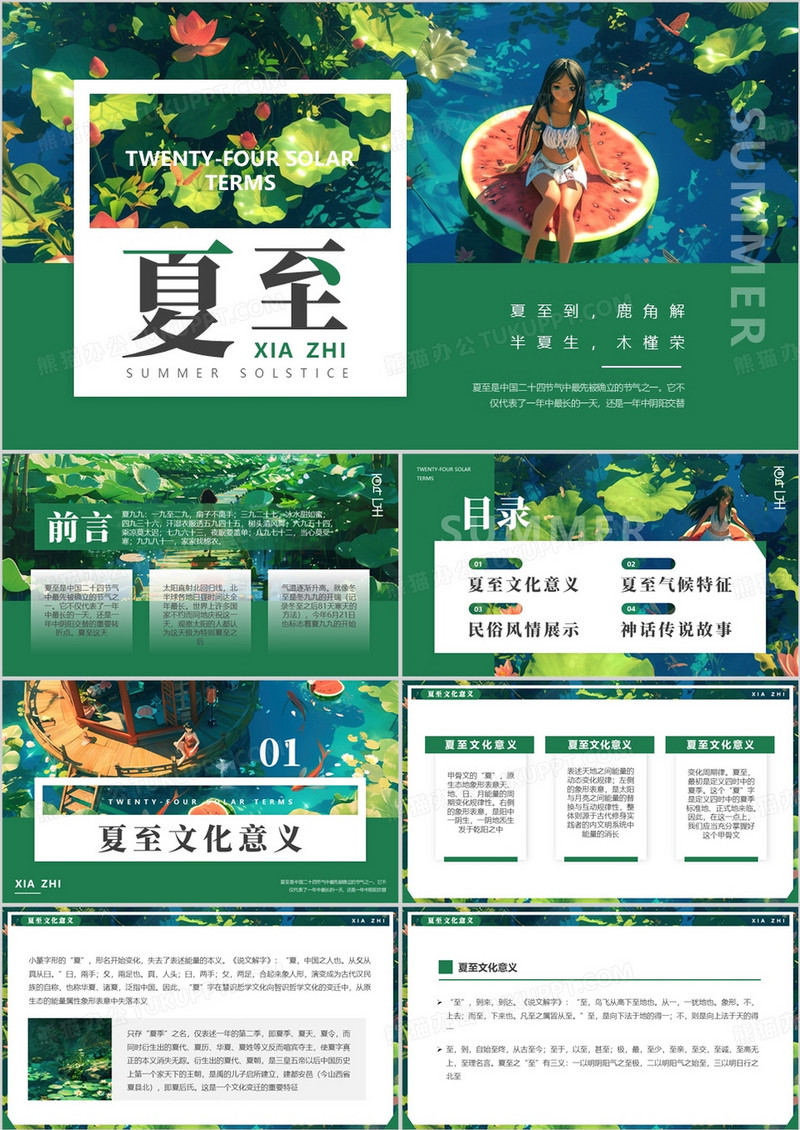 绿色插画风二十四节气之夏至介绍PPT模板