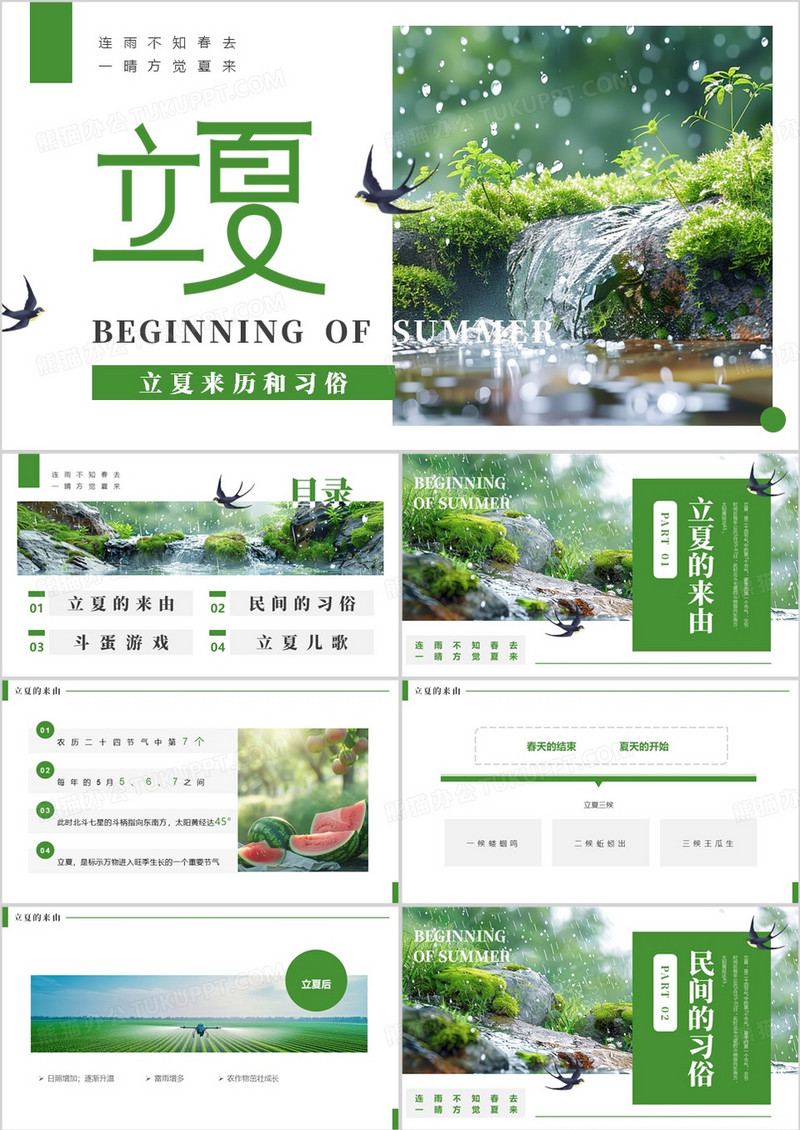 绿色简约风立夏来历和习俗PPT模板