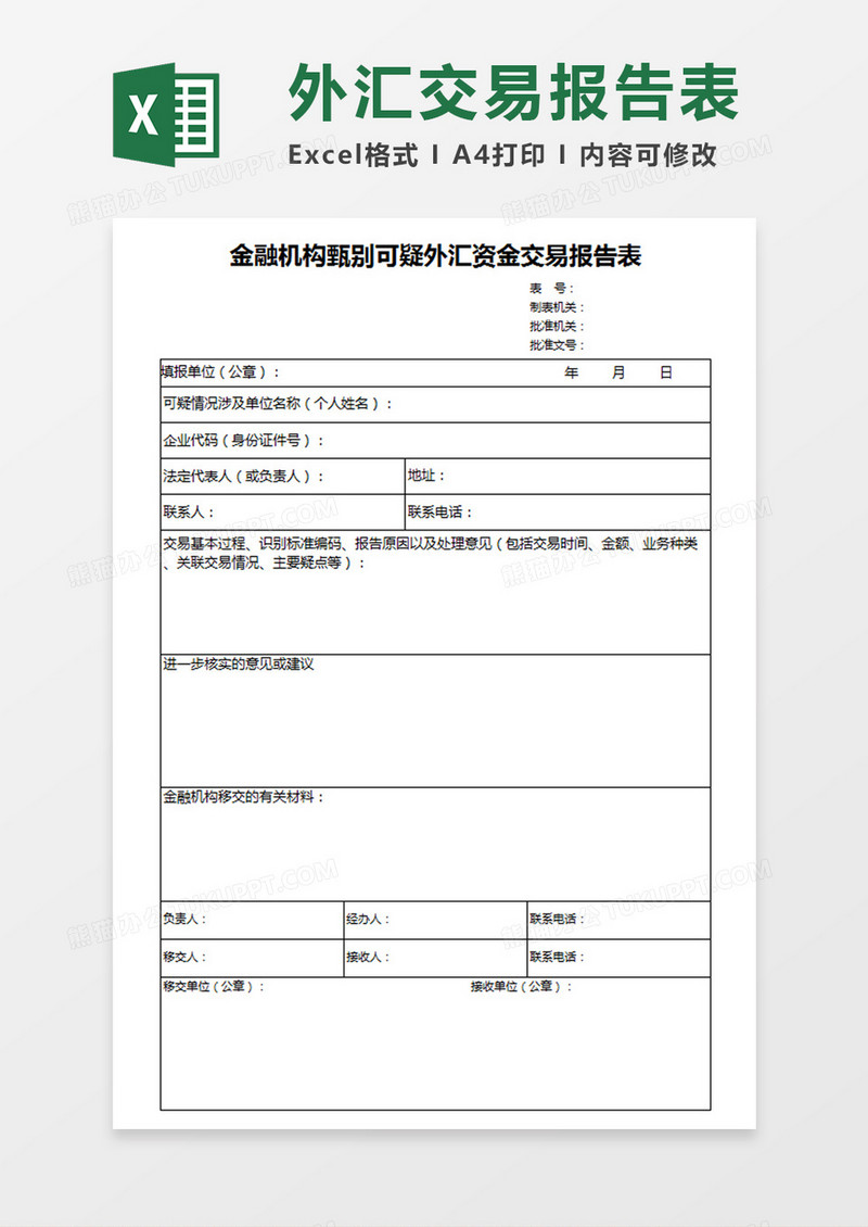 金融机构甄别可疑外汇资金交易情况报告表Excel模板