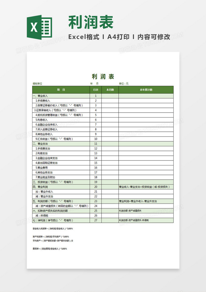 财务办公会计核算利润表Excel模板