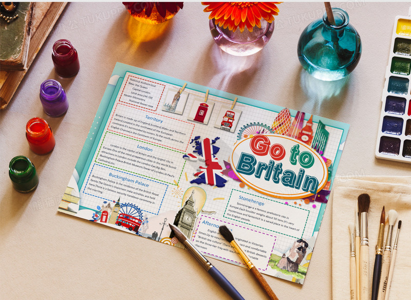 卡通英国地理旅游英文小报word模板