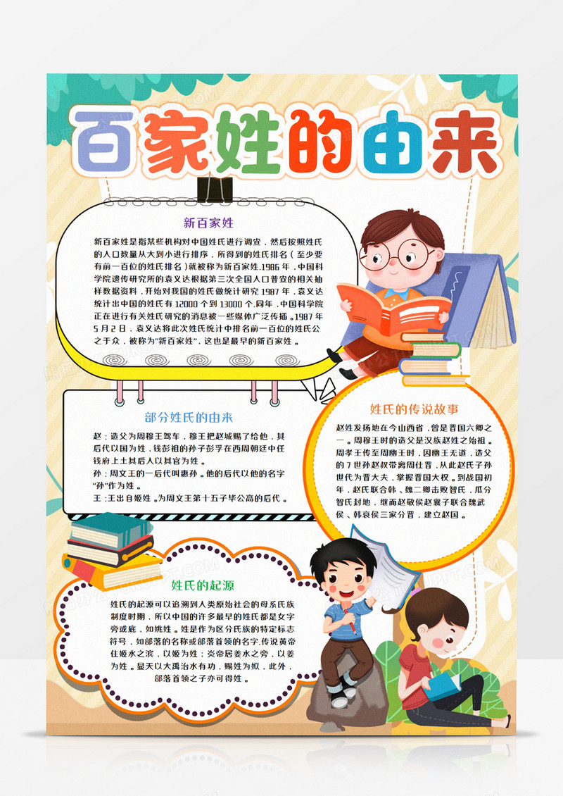 百家姓的由来卡通竖版手抄报word模板     