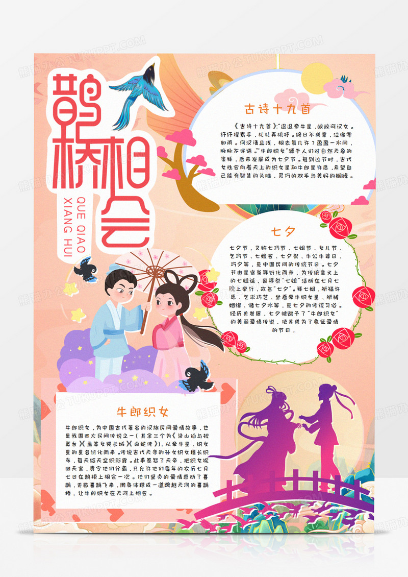 七夕节竖版卡通手抄报Word模板     
