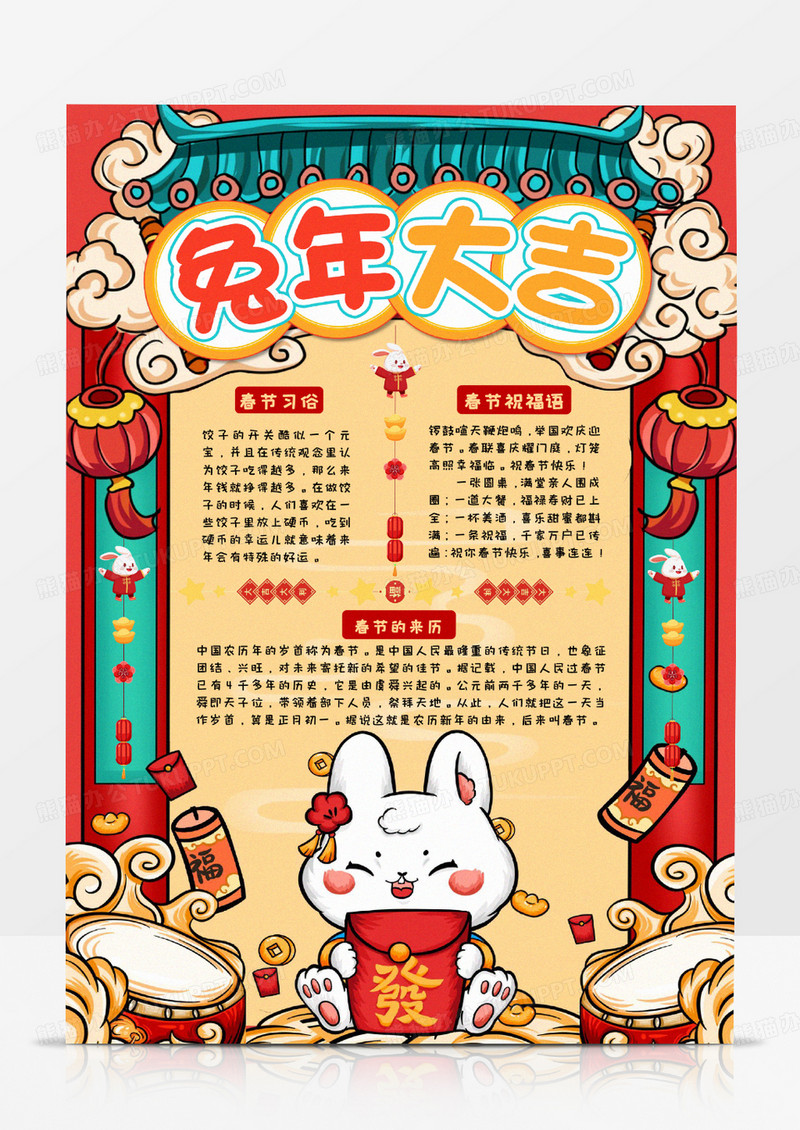 兔年大吉卡通竖版手抄报Word模板  