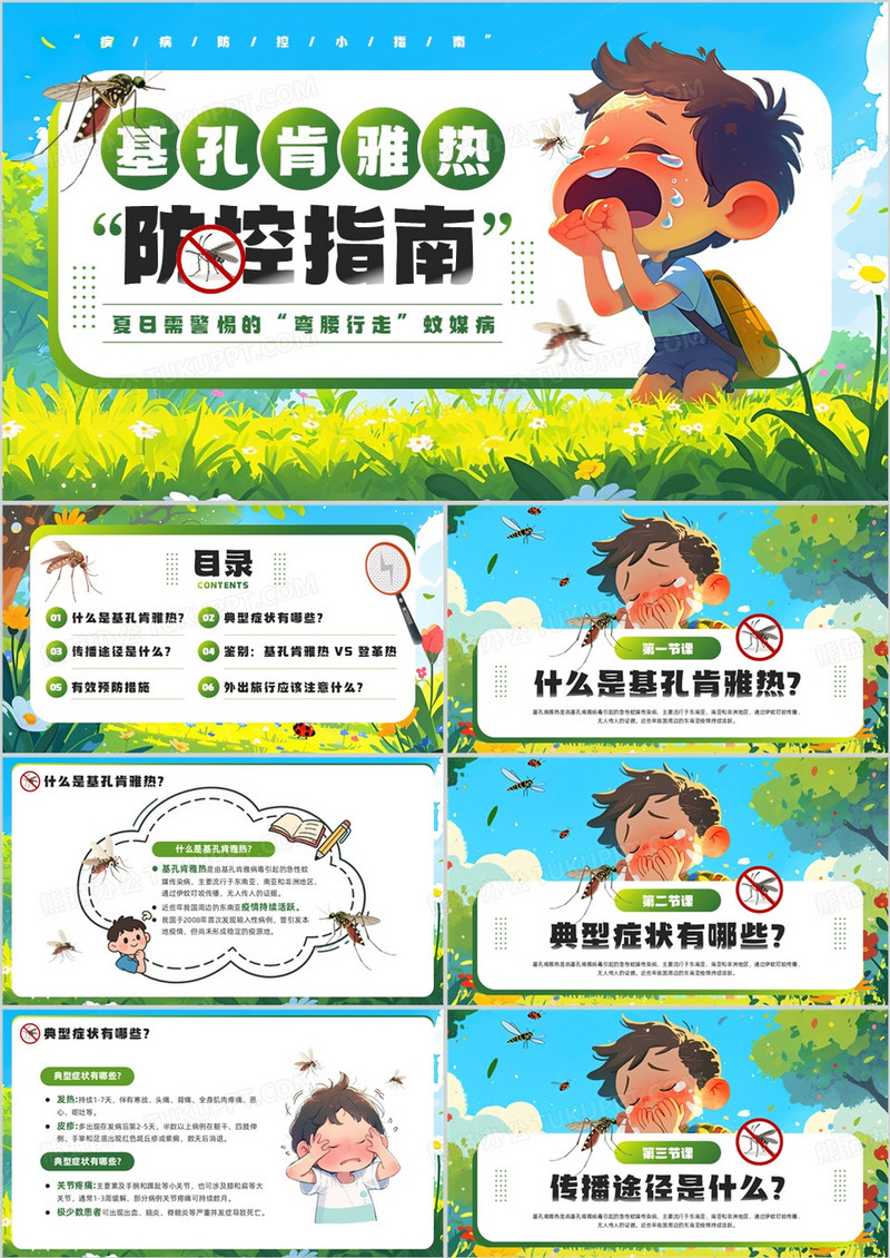绿色插画风基孔肯雅热预防指南PPT模板