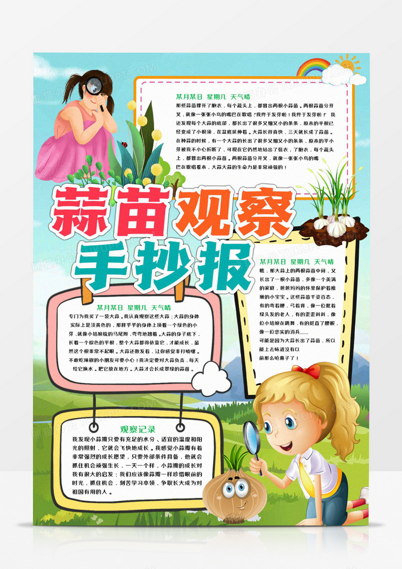 蒜苗成长观察记录手抄报
