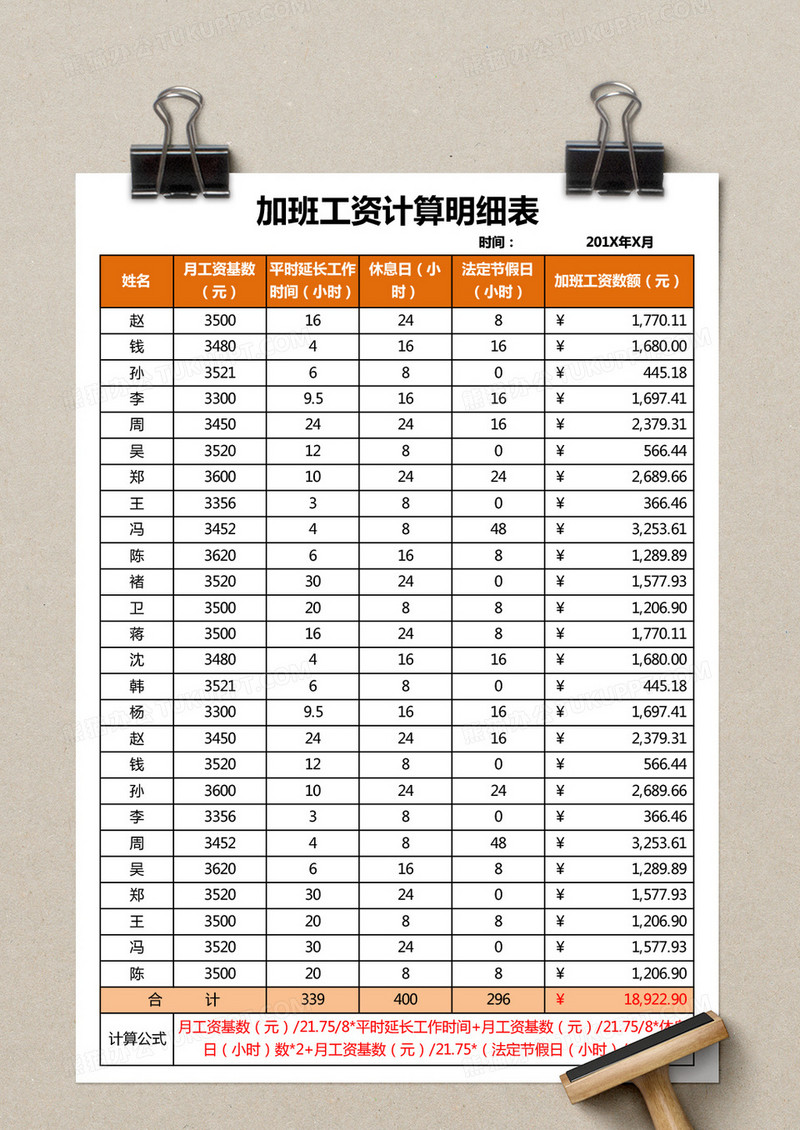 员工加班工资明细表excel表格模板
