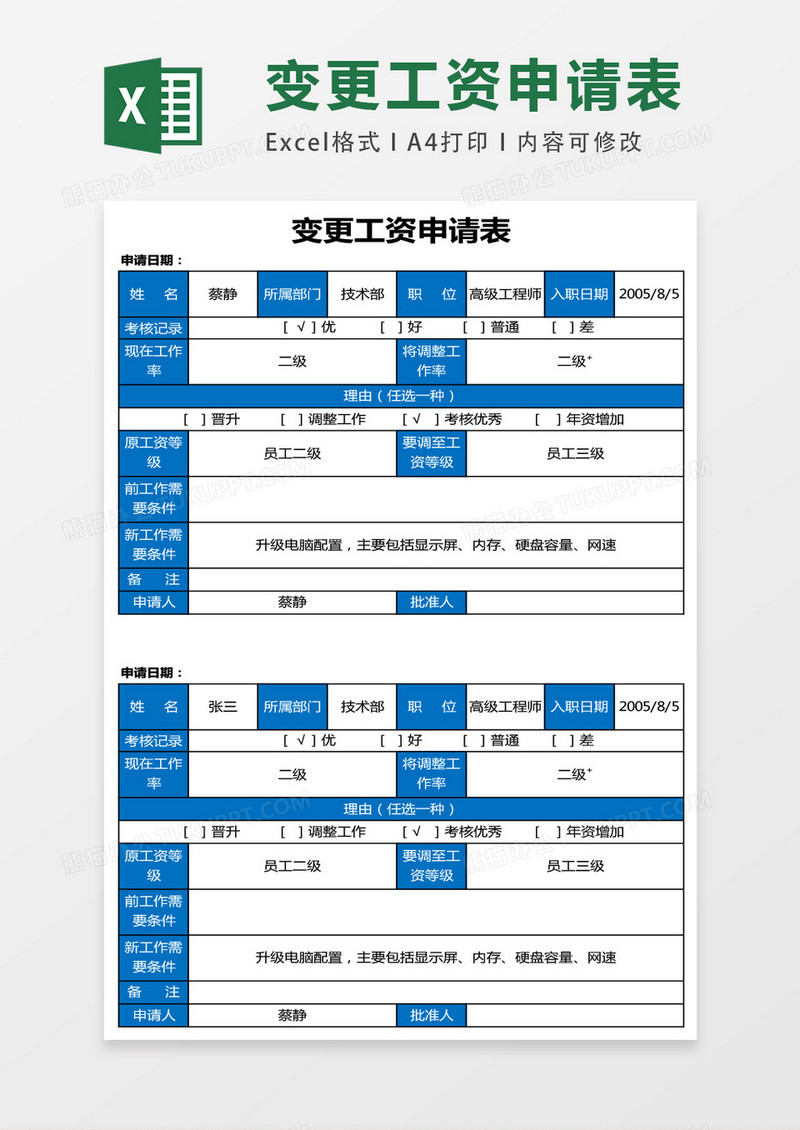 变更工资申请表EXCEL表格模板