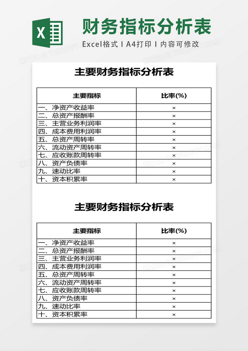 主要财务指标分析表EXCEL表格模板