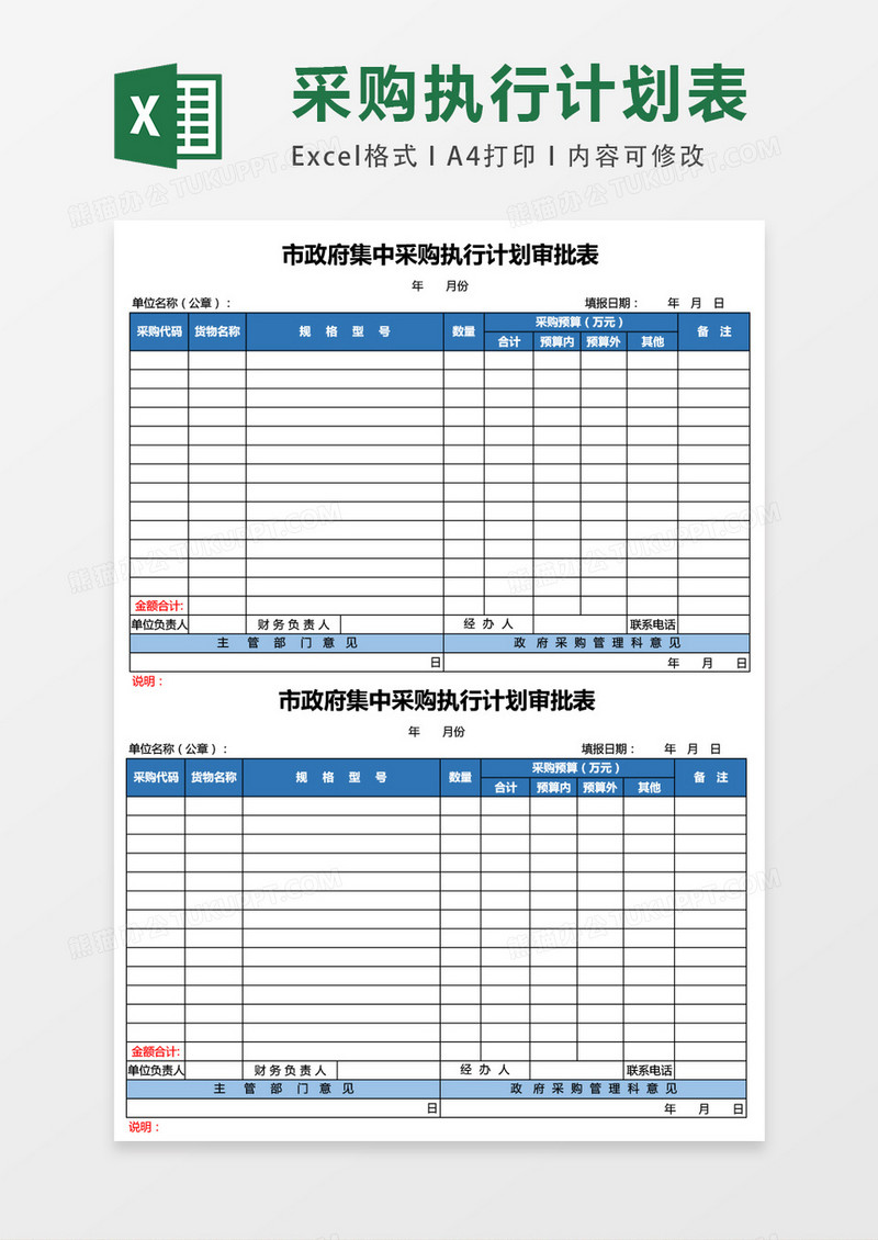 市政府集中采购审批计划表EXCEL表格模板