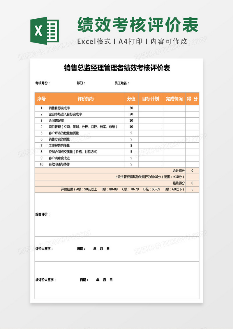 销售总监经理管理者绩效考核评价表excel表格模板