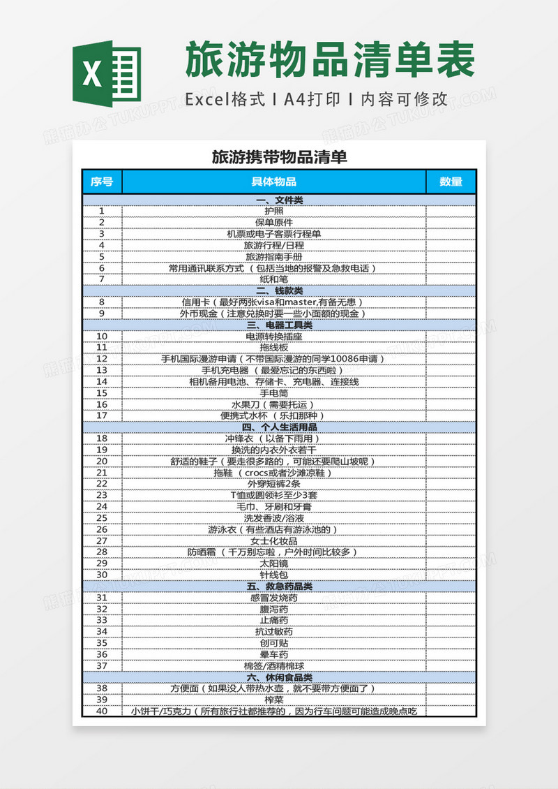 旅游必备物品清单一览excel表格模板