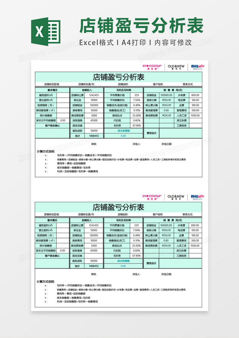 店铺盈亏分析表格excel表格模板
