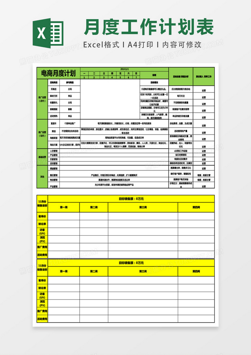 月度运营工作计划excel表格模板