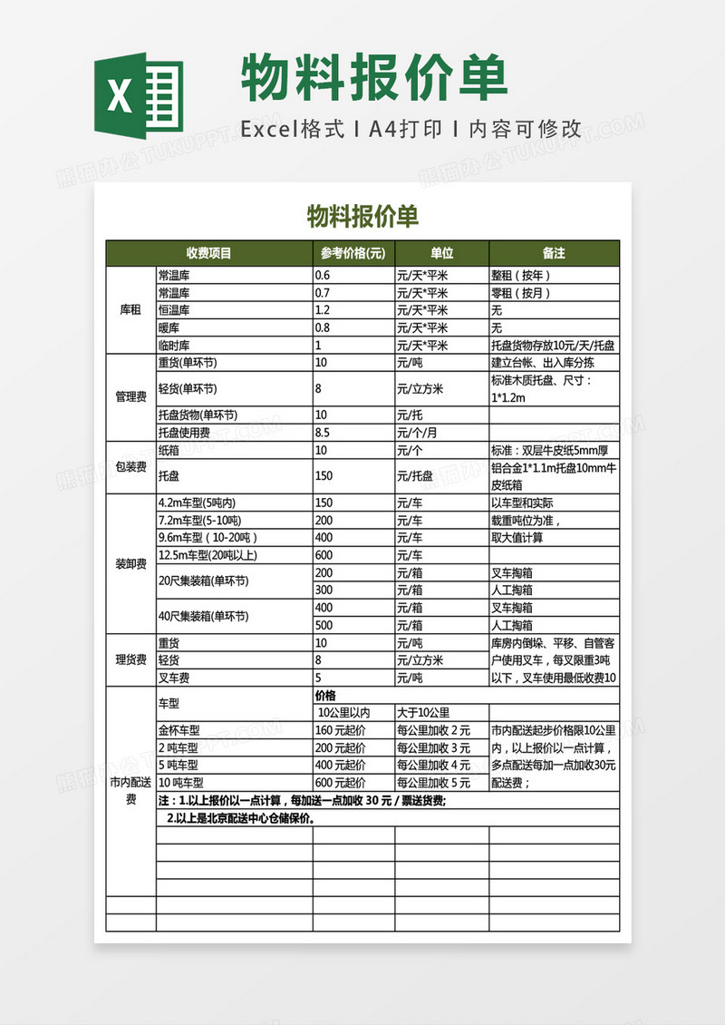 物流公司对外报价表单excel表格模板