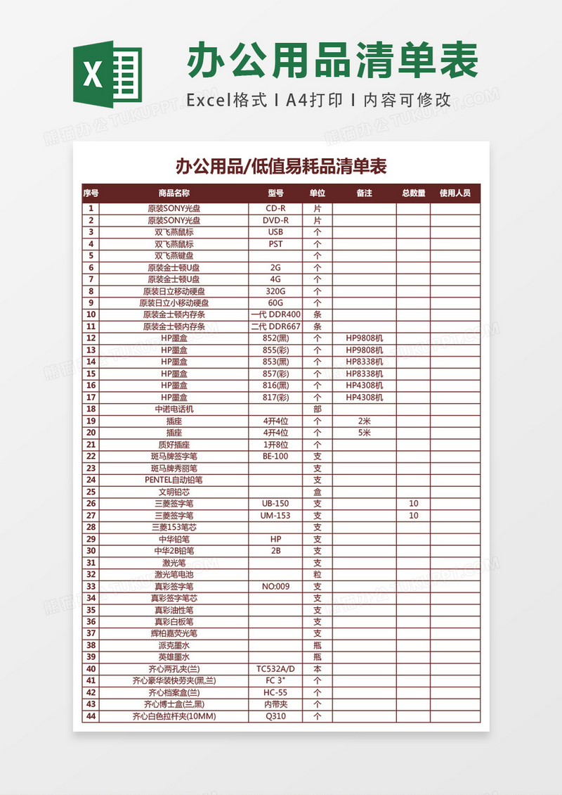 最全的办公用品清单表excel表格