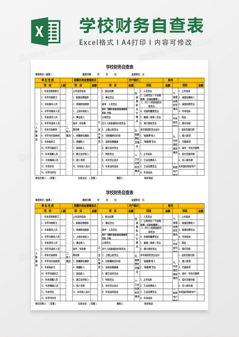 学校财务自查表excel表格模板