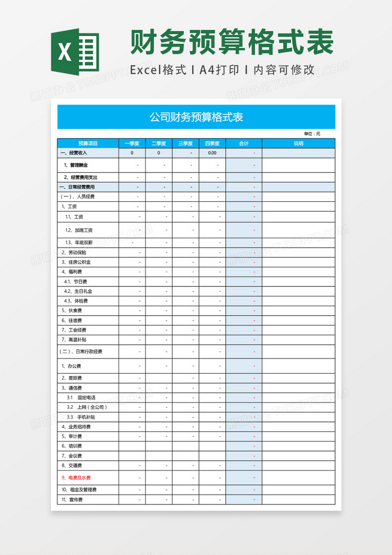 财务预算格式表全年excel表格模板