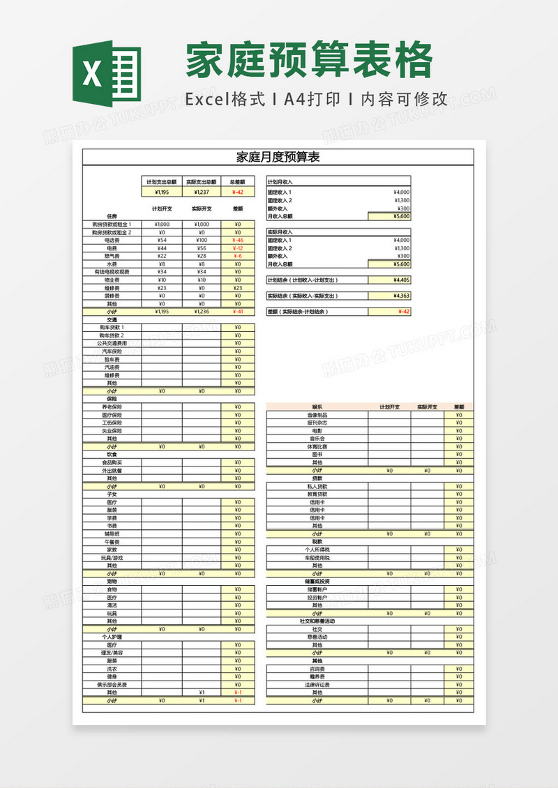 家庭月度预算表格excel表格模板