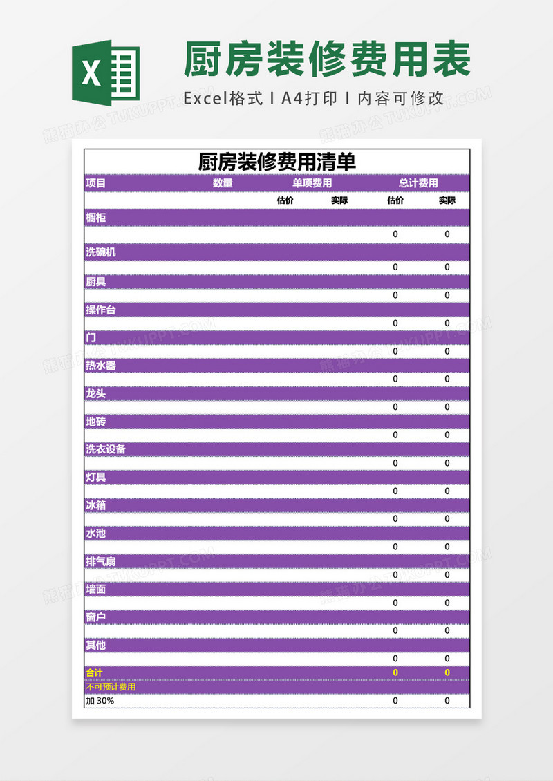 厨房装修费用清单表格excel模板