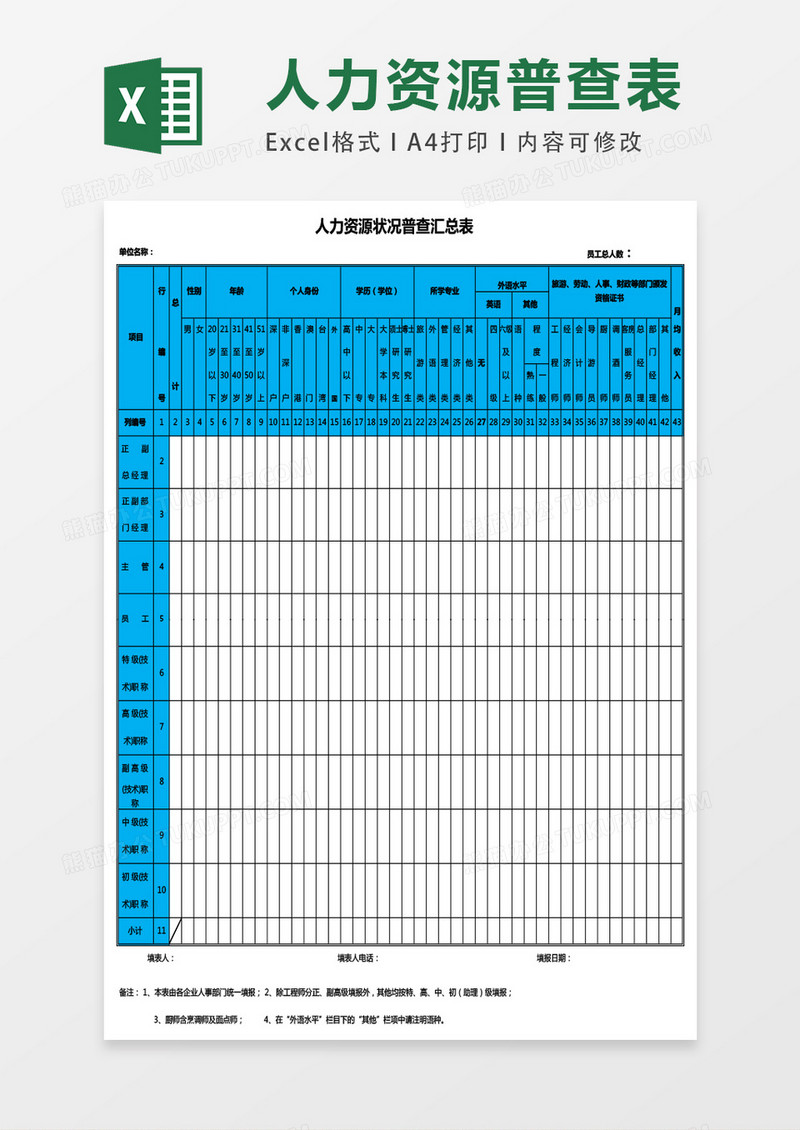 人力资源状况普查汇总表excel表格模板