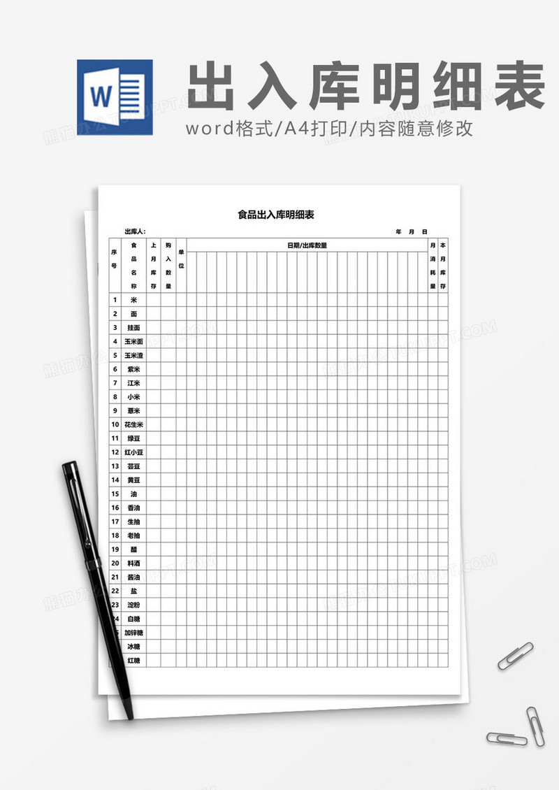 出入库明细表word模板