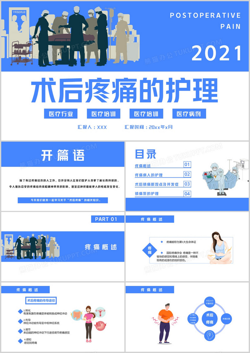 蓝色简约术后疼痛的护理通用PPT模板