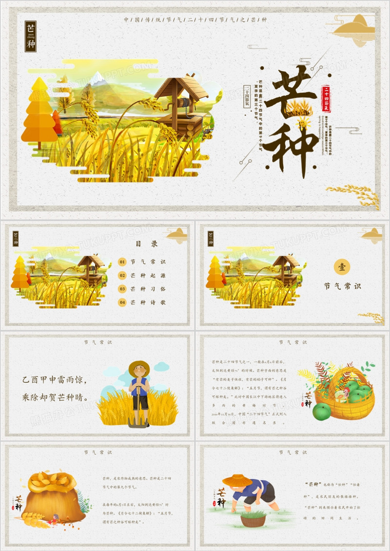 黄色二十四节气之芒种节气介绍主题班会PPT模板