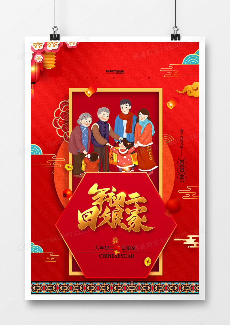 中国风红色新年习俗年初二回娘家系列海报