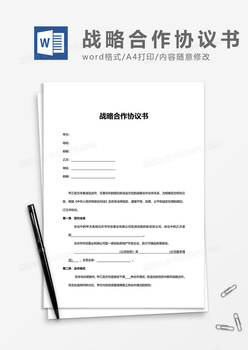 公司项目战略合作协议书word模板