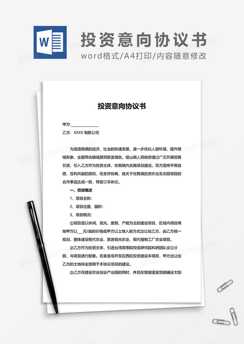 投资意向协议书word模板